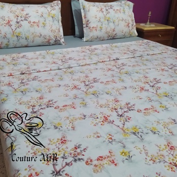 Parure de drap de 6 pièces : drap plat, drap housse,4 taies d'oreillers fait main par Couture des draps A & R couleur blanche mélangée avec du bleue