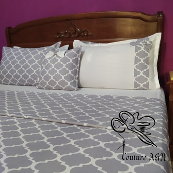 Parure de drap de 6 pièces : drap plat, drap housse,4 taies d'oreillers fait main par Couture des draps A & R couleur blanche et grise